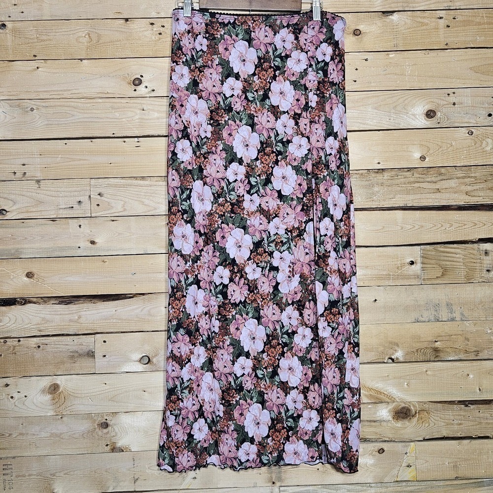 Originality‎ Floral Mesh Maxi Skirt XL Pink Mauve Side Slit Lettuce Hem USA Made